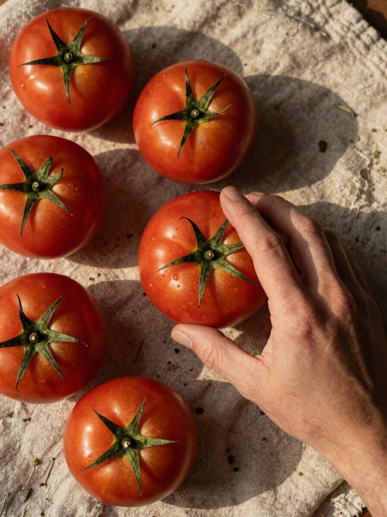 Close-up overhead flat-lay of fresh whole tomatoes and dried herbs on rough linen cloth, golden-hour natural light raking across the surface, deep rust and earth tones, one hand reaching into the frame from the right