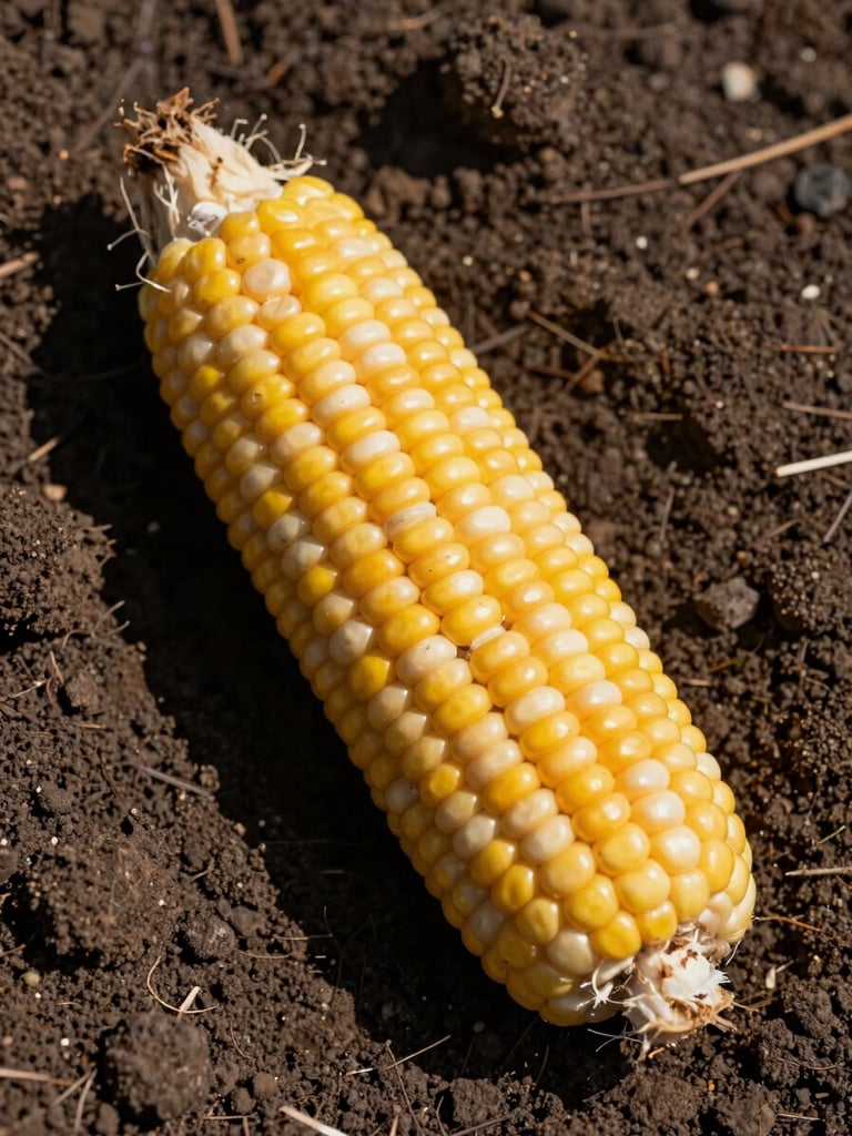 Close-up overhead of a single raw ear of corn resting on dark Egyptian soil, natural north-facing daylight, fine soil texture visible around the edges, no human figures