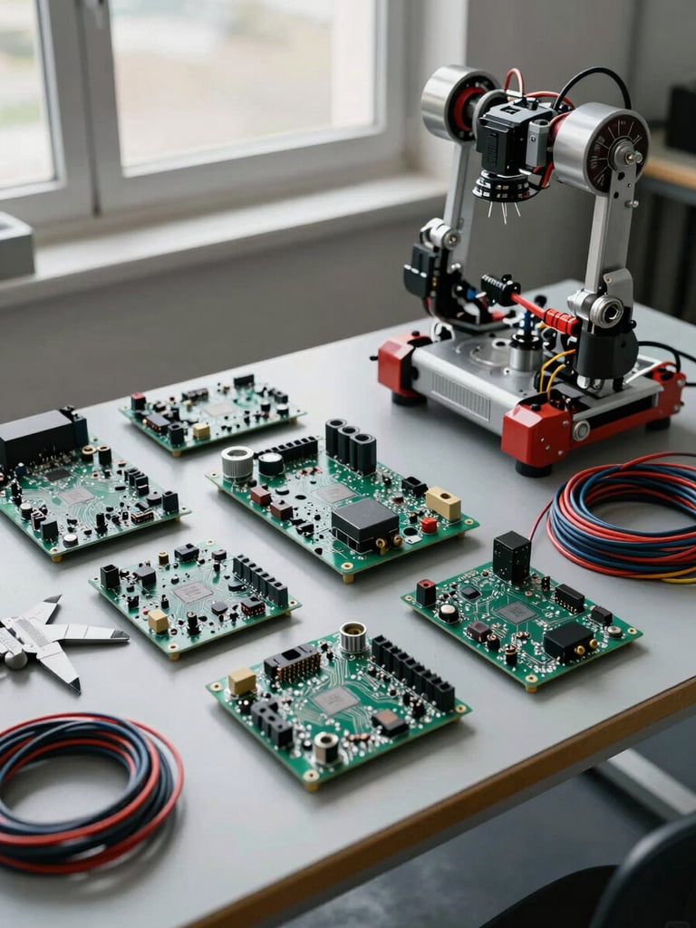 Wide overhead shot of a robotics workbench — circuit boards, calipers, a half-assembled motor driver, wire harness coiled neatly to one side, lit by diffused studio window light that reveals component markings and solder joints with documentary clarity