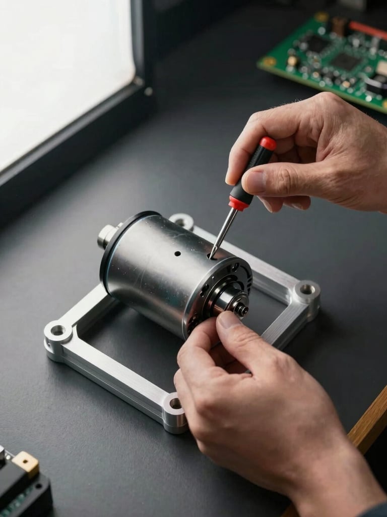 Close overhead view, hands fastening a motor bracket onto a brushless motor assembly, precision screwdriver in grip, aluminium frame partially assembled on a dark workbench, studio window light from the left casting soft shadow detail, PCB visible in the background