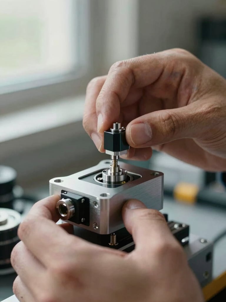 Extreme close-up of a robotics engineer's hands carefully positioning a small servo motor onto a machined aluminum bracket, natural window light from the left, shallow depth revealing precise fingertip grip and metallic surface texture