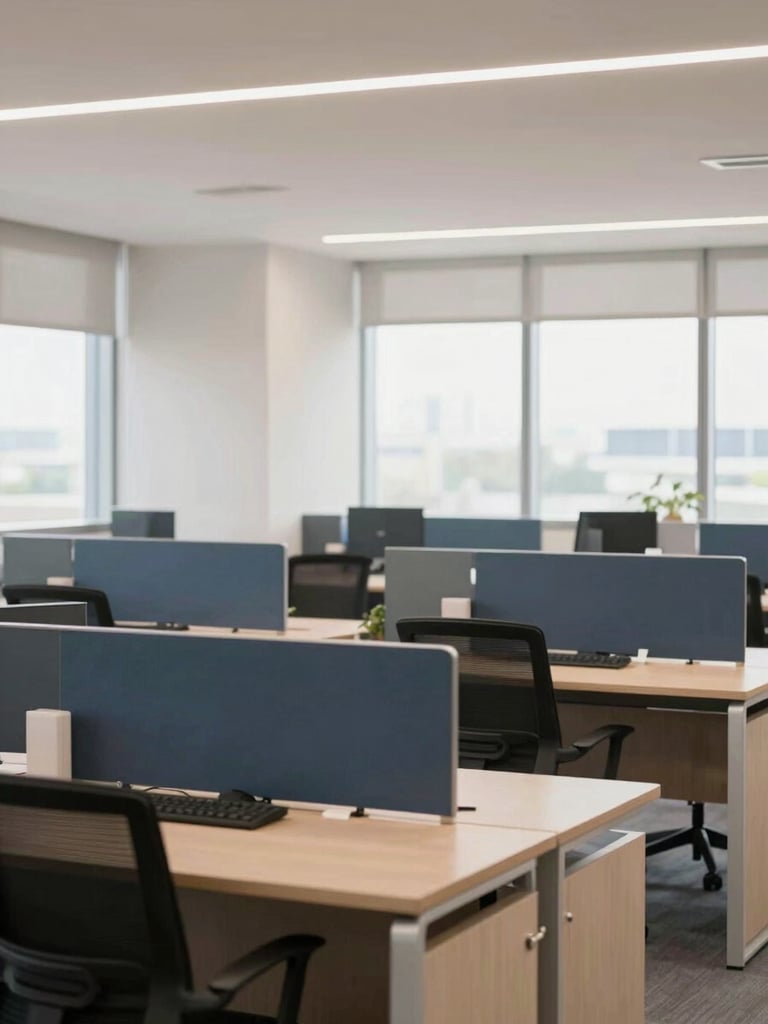 Wide architectural shot of a modern office interior in Bengaluru, clean lines, organized desks, bright natural light.