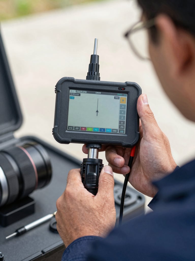 Close-up of a professional technician in a clean navy blue uniform holding a digital geophone leak detector screen, bright natural daylight, sharp focus on the high-tech diagnostic interface, professional utility setting.