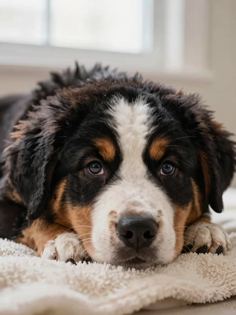 Close-up eye-level shot of a healthy Bernese Mountain Dog puppy resting calmly on a warm cream blanket, soft natural window light, clean background, shallow depth of field.