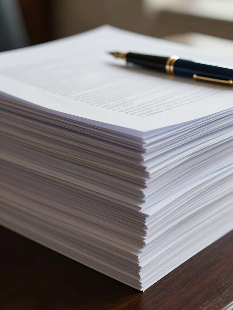 Close-up of a stack of high-quality, heavy paper documents on an elegant desk, with a fountain pen resting on top, soft natural daylight, muted corporate tones, deep navy and warm gold accents, 35mm lens.