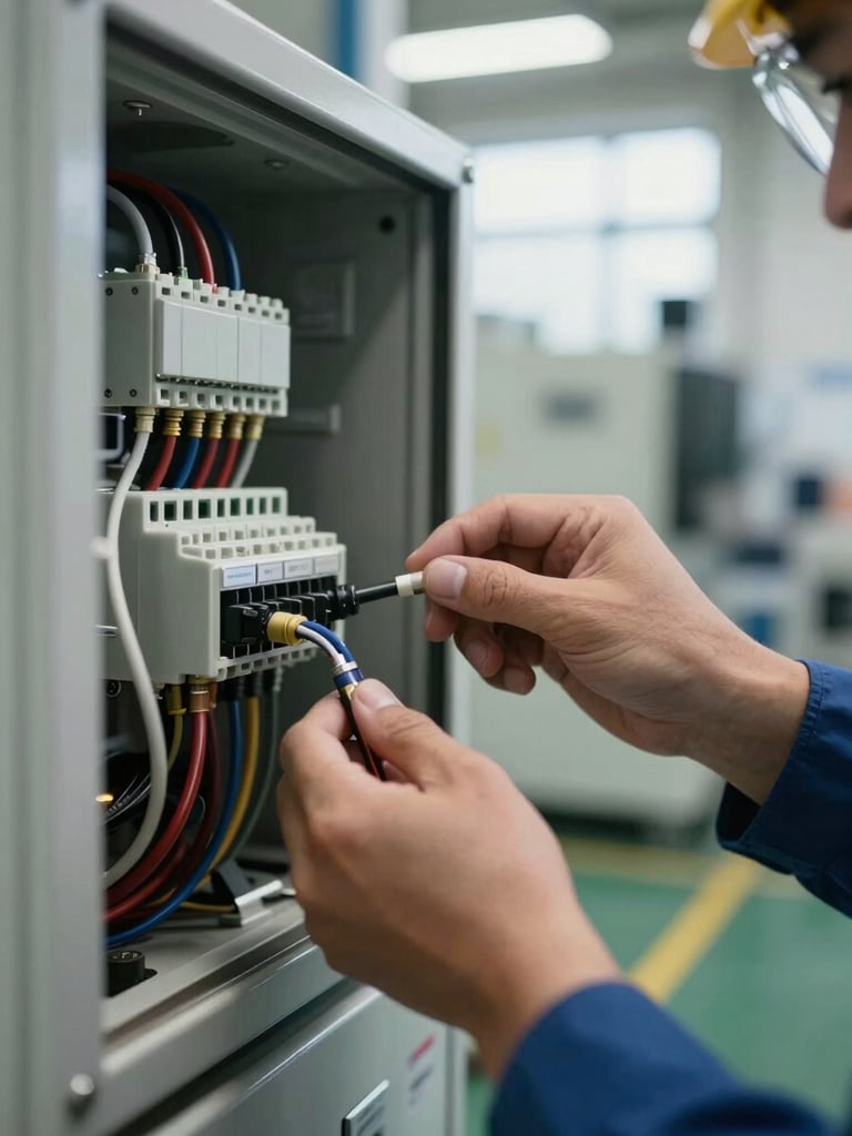 Close-up of an engineer's hands connecting a sensor cable to a terminal block inside a mounted industrial enclosure on a factory floor, background showing machinery out of focus, soft daylight from a high factory window illuminating the connection detail