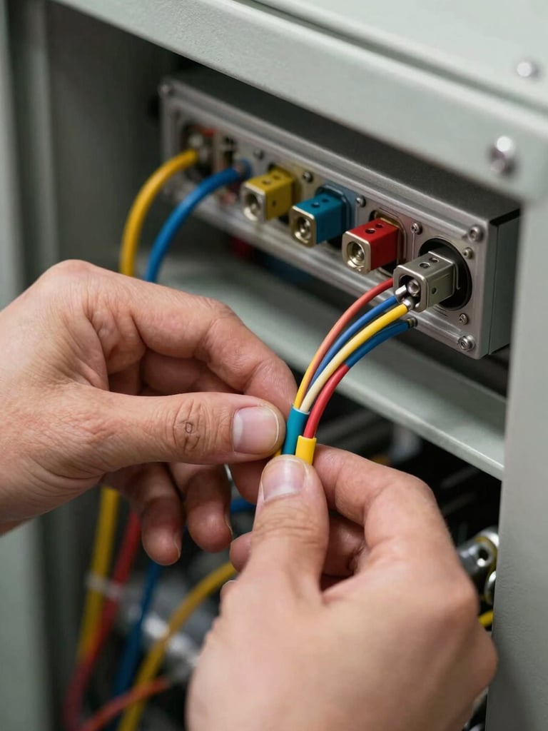 Extreme close-up of hands routing and securing multicolored control wiring inside an industrial cabinet — fingers threading a wire loom through a cable duct, crimp terminals visible, soft tungsten studio light revealing wire insulation grain and panel steel texture, no faces, clinical overhead angle