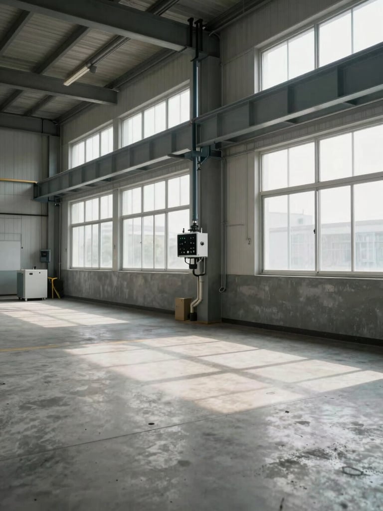 Wide environmental corner of an industrial shop floor at daylight showing scale — concrete floor, overhead cable trays, mounted sensor arrays and conduit runs visible, no people, soft diffused light from high windows, clean and precise