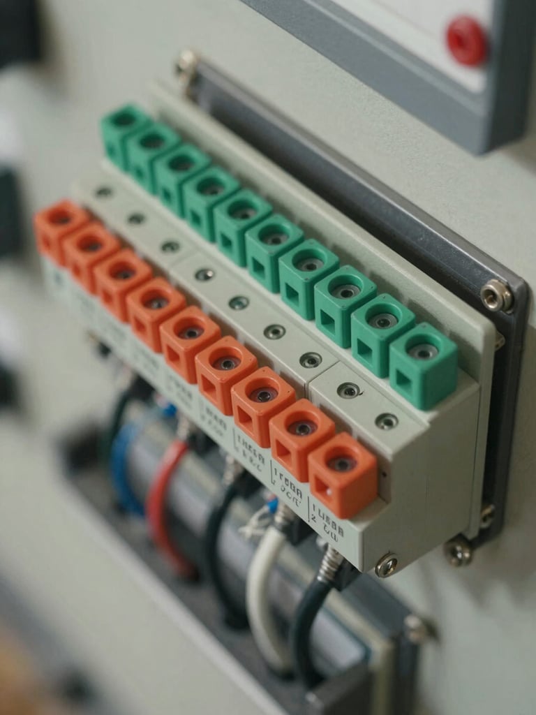 Extreme close-up overhead study of a fully-dressed control panel with colored terminal blocks and labeled wiring, soft north-facing daylight revealing solder joints and cable management, no people, clinical precision framing
