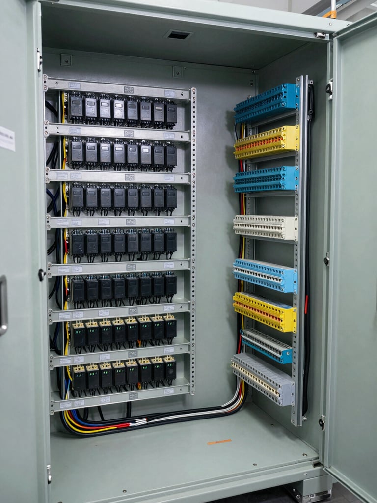 Wide environmental shot of the interior of a partially assembled industrial control cabinet, DIN rails mounted with PLCs and colored terminal blocks, cable looms routed precisely through cable trays, clean tungsten studio lighting revealing panel structure and component labels