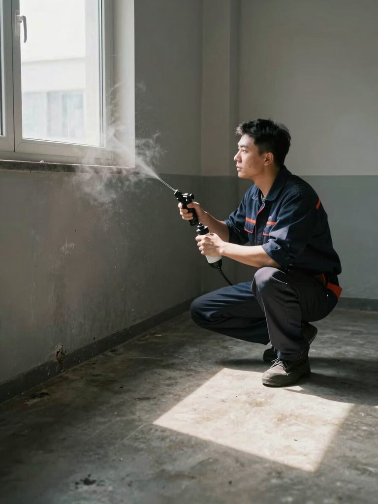 Wide shot of a technician crouching beside a wall void in a dim utility room, applying treatment product with a handheld sprayer, daylight entering from a small window to the left casting long shadows across concrete floor