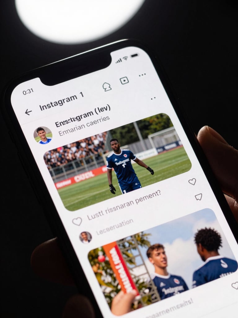 Close-up of a phone screen displaying a sports brand Instagram reel mid-play, engagement counter climbing with visible comment flood, hand holding device, dark background, sharp studio strobe from above