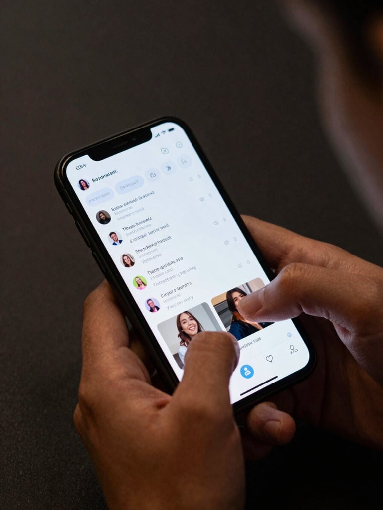 Close-up overhead shot of a creator's hands holding a smartphone showing a reel with live comments flooding the screen, phone screen glow illuminating fingers, dark background, real engagement visible mid-scroll