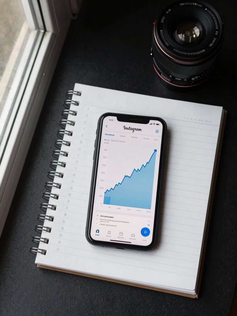 Overhead flat-lay of a content planning session — phone showing an Instagram analytics dashboard with a sharp engagement spike graph, notebook with shot list, natural window light from the left, clean dark surface