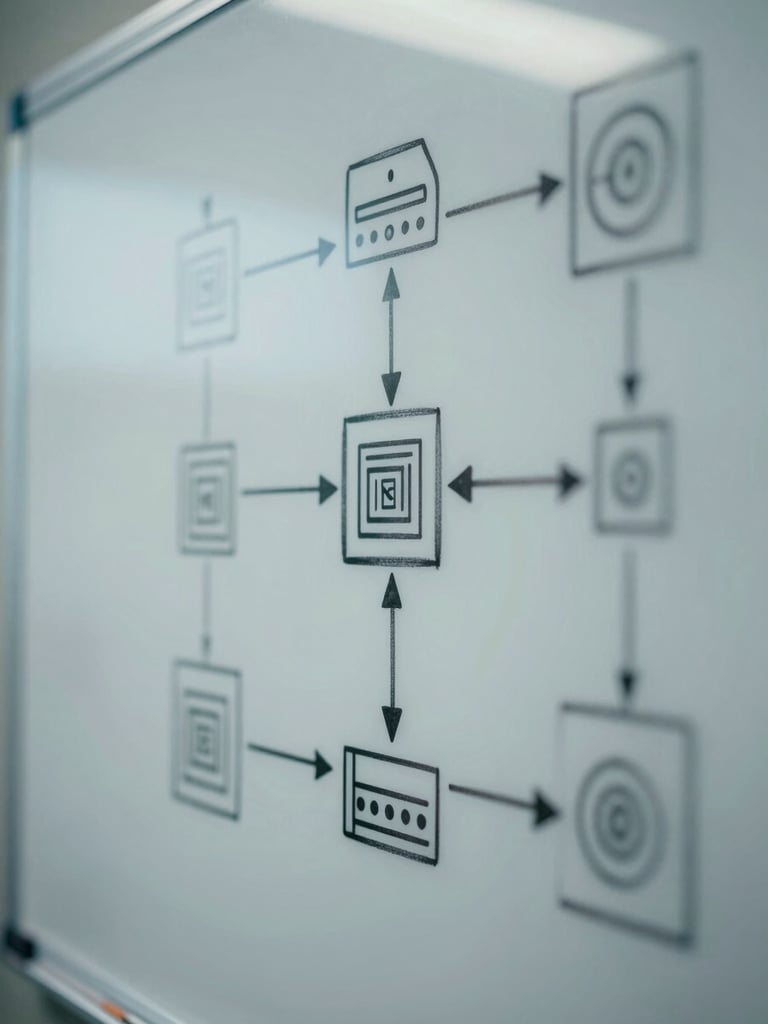 Macro shot of a high-contrast system schematic sketched on a physical whiteboard, sharp screen-glow highlights, cool technical tones.