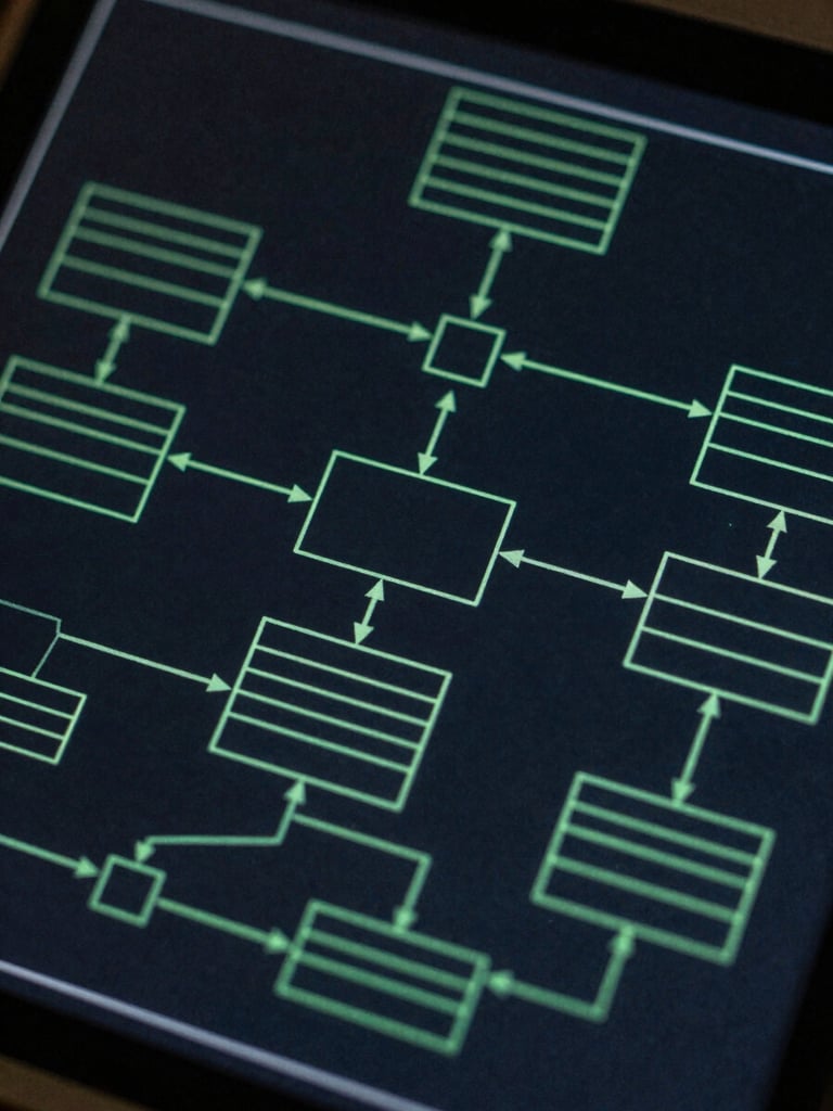 Macro overhead shot of clean system schematics on a dark screen, sharp green lines mapping database relationships, low-key technical lighting.