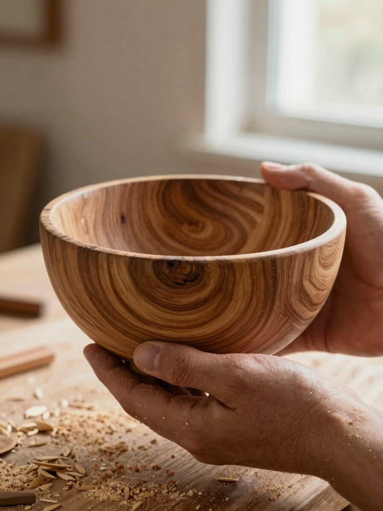 A close-up of a woodworker's hands, covered in fine sawdust, holding a freshly turned walnut bowl with prominent, swirling grain.