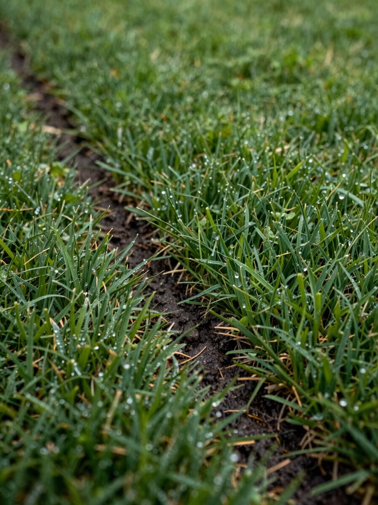 Close-up of freshly edged lawn border in overcast morning light, crisp soil line meeting dense turf, damp grass blades visible in detail, no people