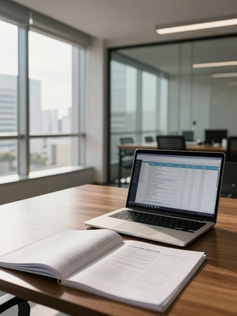 Wide environmental shot of a corporate office interior in São Paulo, a desk with open financial documents and a laptop screen showing a spreadsheet in the foreground, warm natural daylight entering through floor-to-ceiling windows on the left, the background softly out of focus showing meeting room glass walls