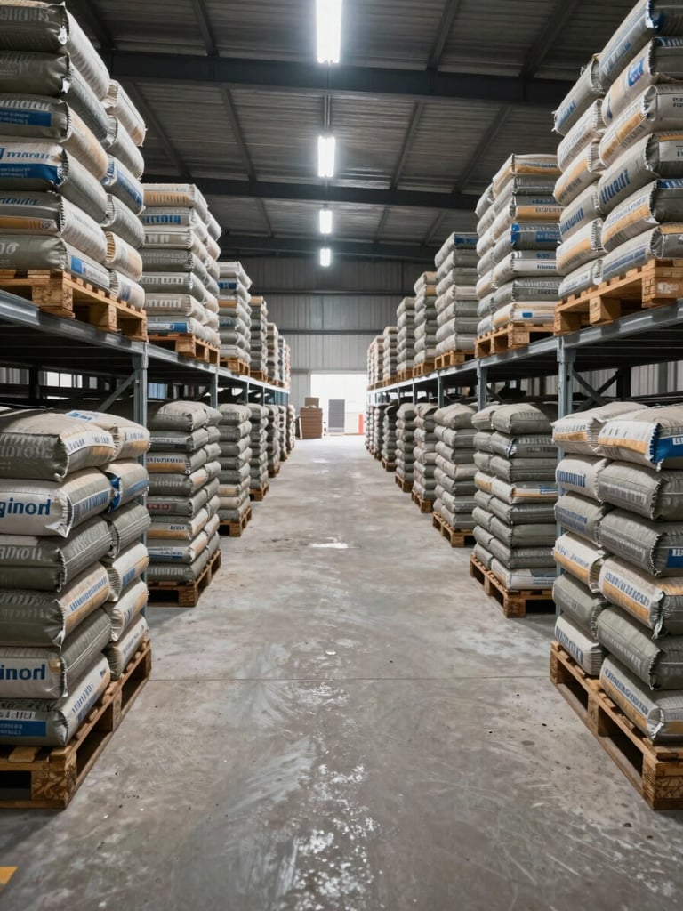 Wide interior of a construction materials warehouse, head-on framing down a central aisle, stacked pallets of bagged cement and bundled steel bars organized in dense rows extending to the far wall, overhead fluorescent lighting casting even white light across the concrete floor, steel-silver rack uprights catching edge light, no workers, no signage