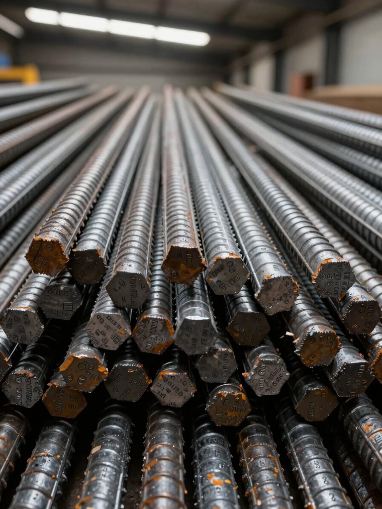 Close-up head-on view of grade-stamped deformed rebar bars stacked in tight parallel rows, filling the full frame, steel-silver surface texture visible under bright warehouse fluorescent lighting, grade markings clearly readable on bar ridges, dark industrial background