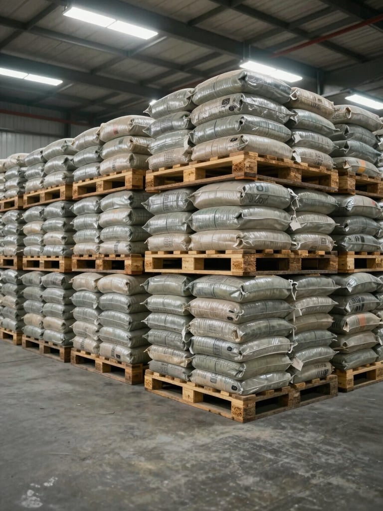 Wide warehouse shot showing pallets of bagged cement stacked floor to ceiling in organized rows, even bright fluorescent overhead lighting, concrete floor visible in foreground showing scale and inventory depth, neutral industrial environment