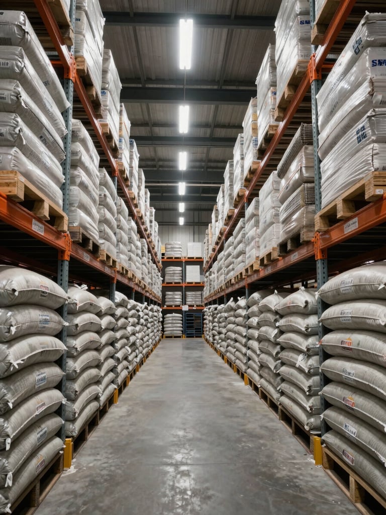 Full-height warehouse interior shot from the ground level looking down a long aisle, dense steel racking loaded with stacked cement bags and bundled rebar to ceiling height on both sides, even overhead fluorescent lighting casting clean shadows on labeled inventory, concrete floor, no people, industrial scale and order evident in the depth of the aisle
