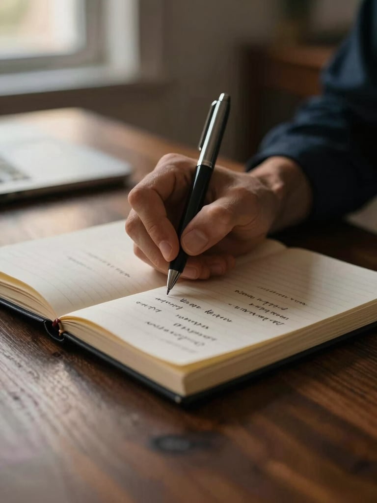 Close-up of hands writing notes in English in a professional notebook, with a pen, on a dark wooden desk, warm low-key evening light, shallow depth of field, 35mm.