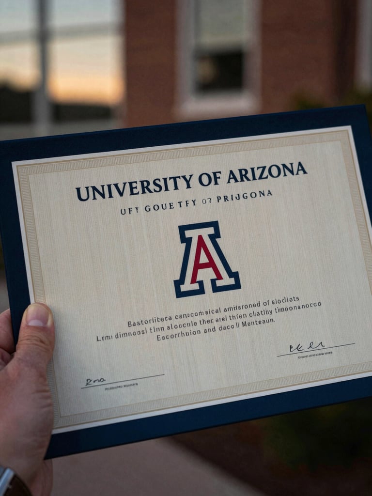 Close-up of a University of Arizona certificate, held by a hand with a professional watch, soft evening light, shallow depth of field, deep navy and amber tones.