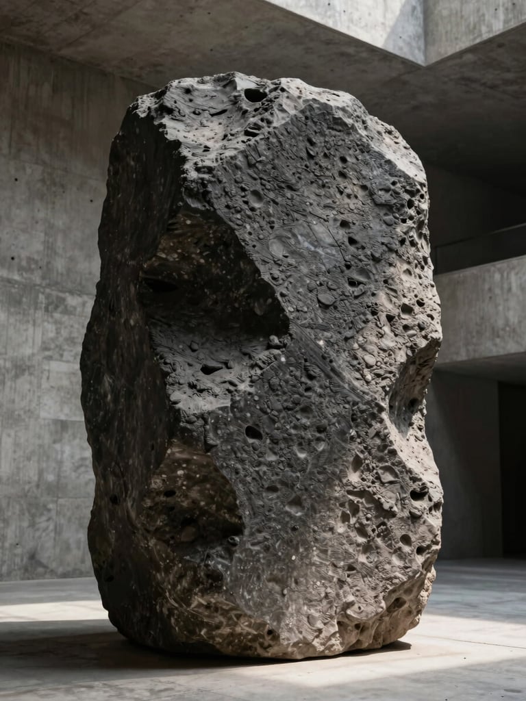 Low-angle monumental shot of a raw, dark stone sculpture with rich chisel marks and clay grain texture, single-source natural side-light casting deep shadows, set inside a minimalist raw concrete architectural space.