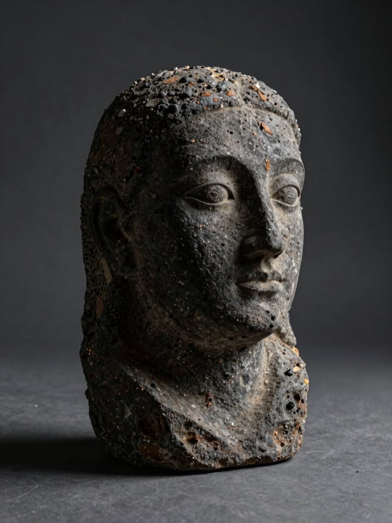 Low-angle portrait of a dark volcanic stone sculpture on a minimalist charcoal surface, natural side light casting long shadows.