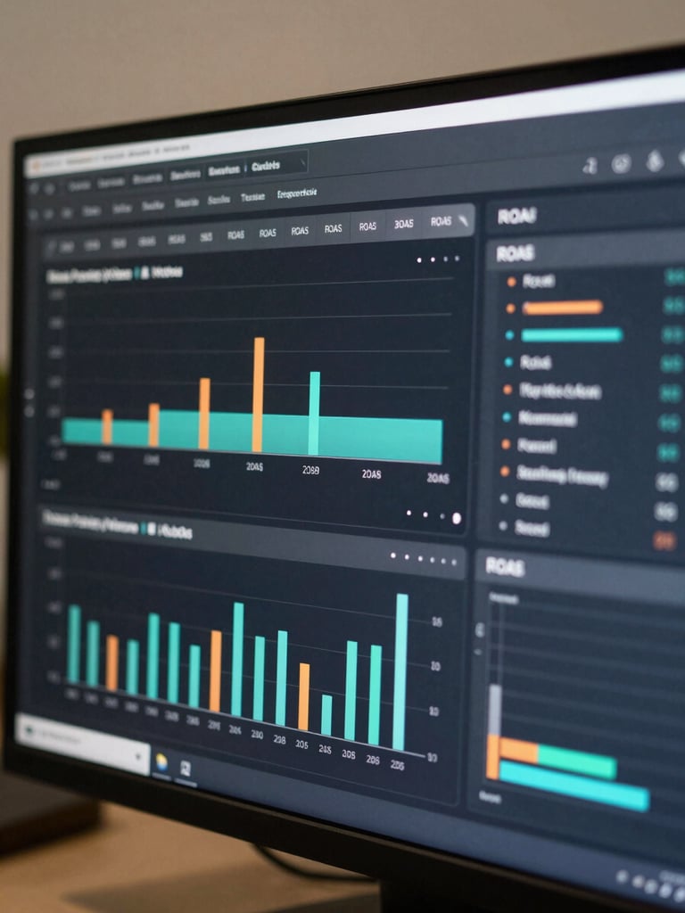 Close-up of a performance marketing dashboard on a dark monitor screen, multiple bar charts and ROAS metrics visible, neutral office lighting, shallow depth of field, no faces