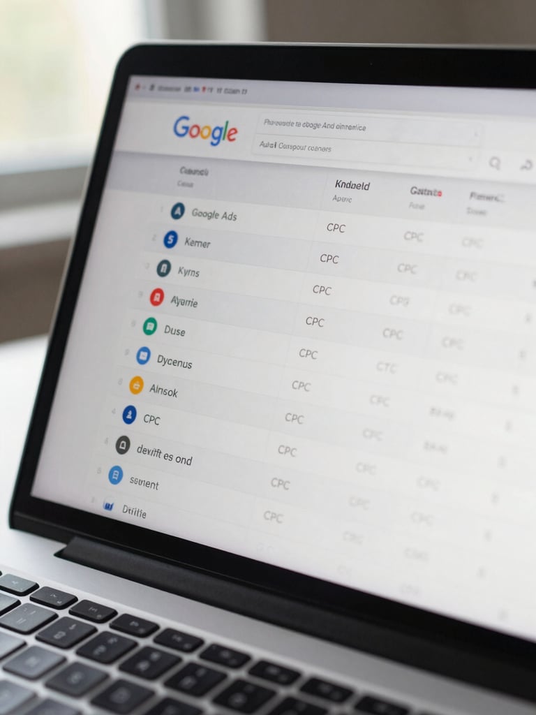 Overhead close-up of a laptop screen showing Google Ads campaign structure with ad groups, keywords and CPC columns, natural window light from the left, no reflections