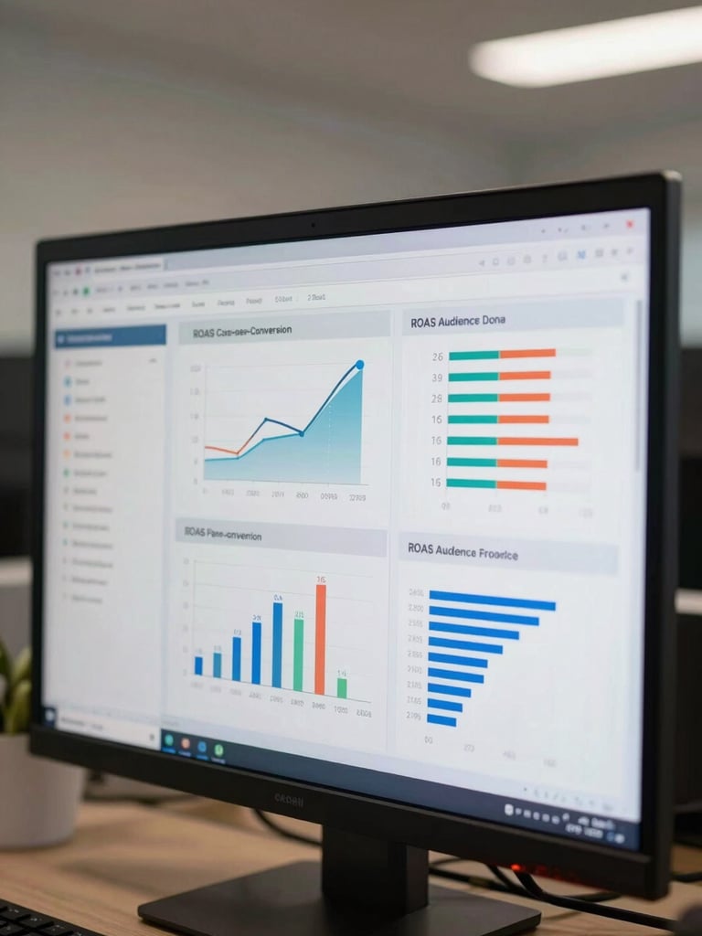Close-up of a digital advertising dashboard on a monitor screen, showing ROAS metrics, cost-per-conversion charts and audience breakdown graphs, neutral office ambient light, sharp focus on data rows