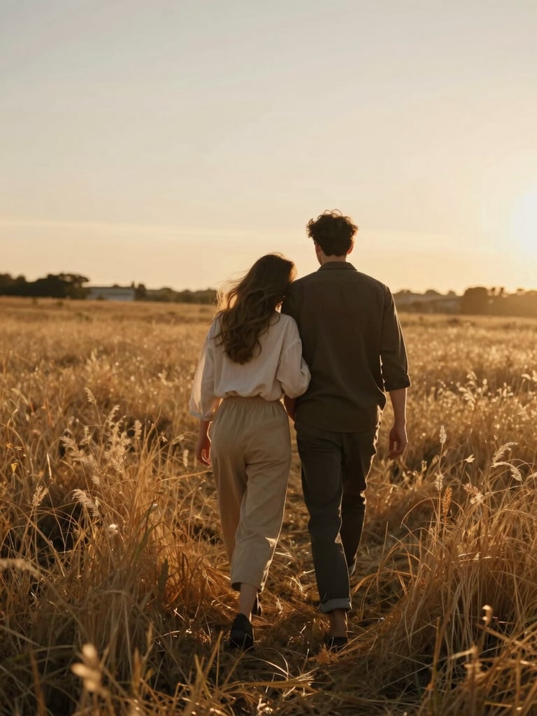 Wide portrait frame — a couple walking through a sun-drenched field of dry grass, golden hour light raking across their backs, the woman's head tilted toward the man's shoulder, faces not visible, warm amber tones, soft natural focus, cinematic film still quality