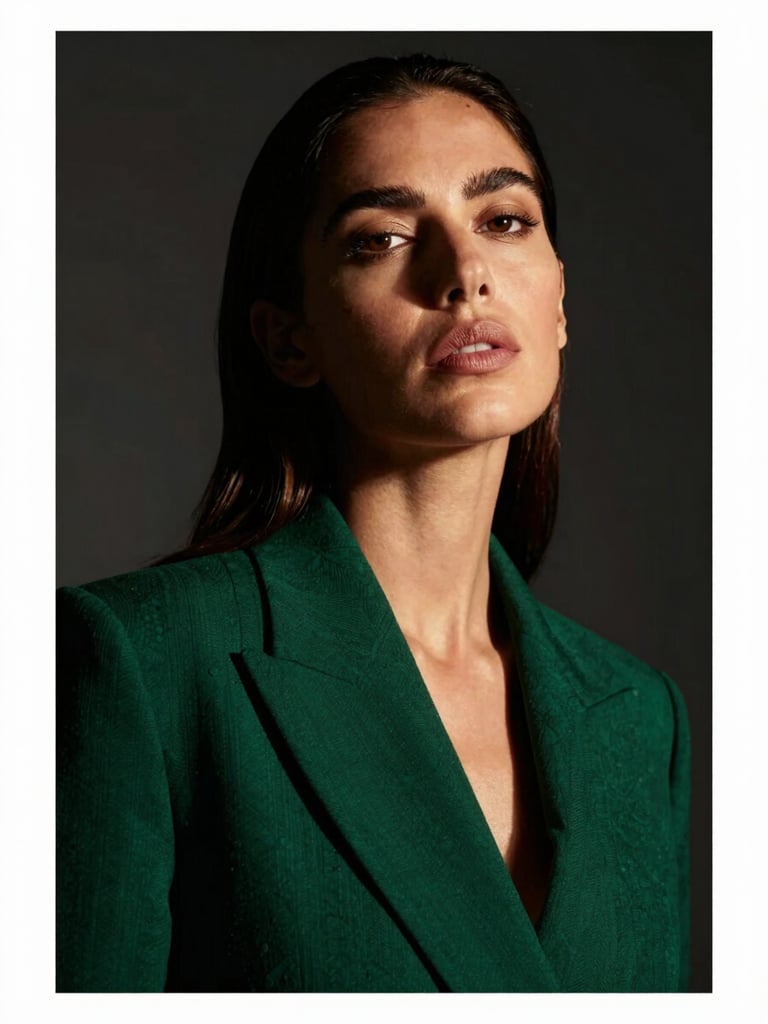 Low-angle medium-close up of Araceli Raso Malabo, high-fashion editorial portrait, dramatic studio lighting, deep emerald and obsidian tones, sharp focus, looking directly at the camera.