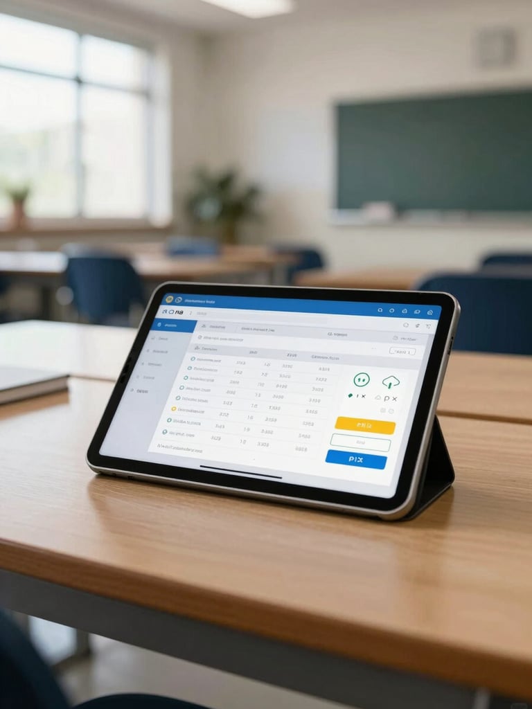 Wide shot of a school administrative desk, close-up of a tablet screen displaying a financial dashboard with payment status indicators and PIX icons, natural window light from the left, clean institutional office background