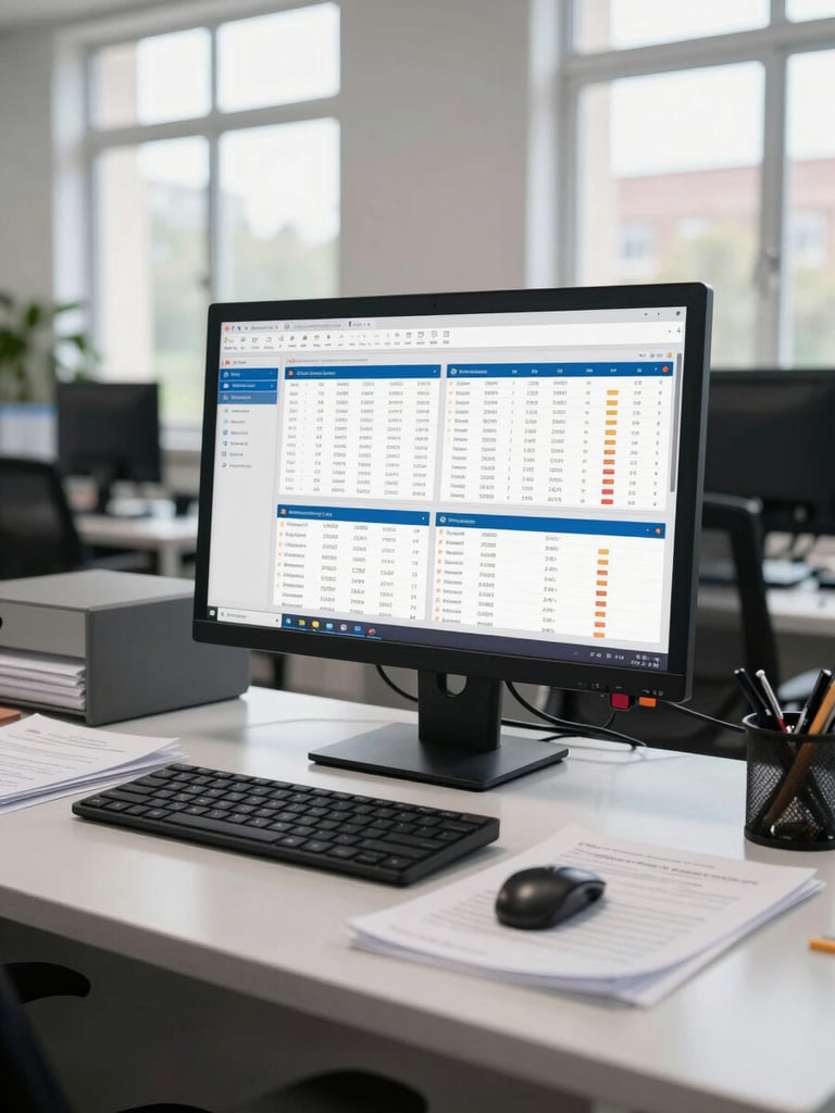 Environmental wide shot of a school secretary's office at mid-morning, a monitor showing a multi-panel administrative dashboard with attendance and finance widgets, papers replaced by a clean desk surface, bright natural daylight through institutional windows