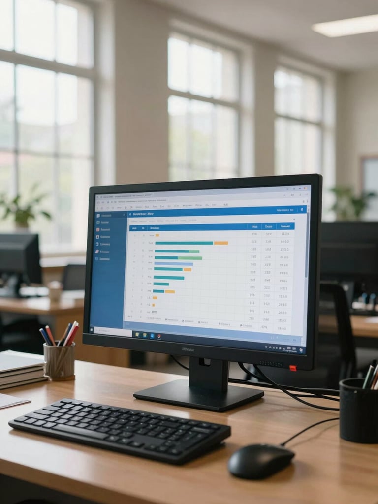 Wide shot of a school administrative office, a large monitor on the desk displaying a clean blue dashboard with enrollment charts and attendance metrics, soft natural daylight through tall institutional windows, no people, tidy workspace