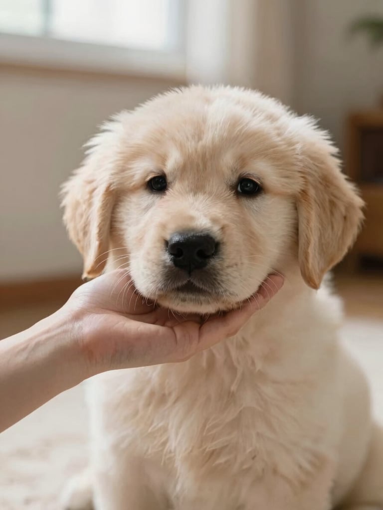 Portrait of a human hand gently petting a content Golden Retriever puppy, soft natural light, shallow depth of field, warm cream and taupe tones, cozy home environment.