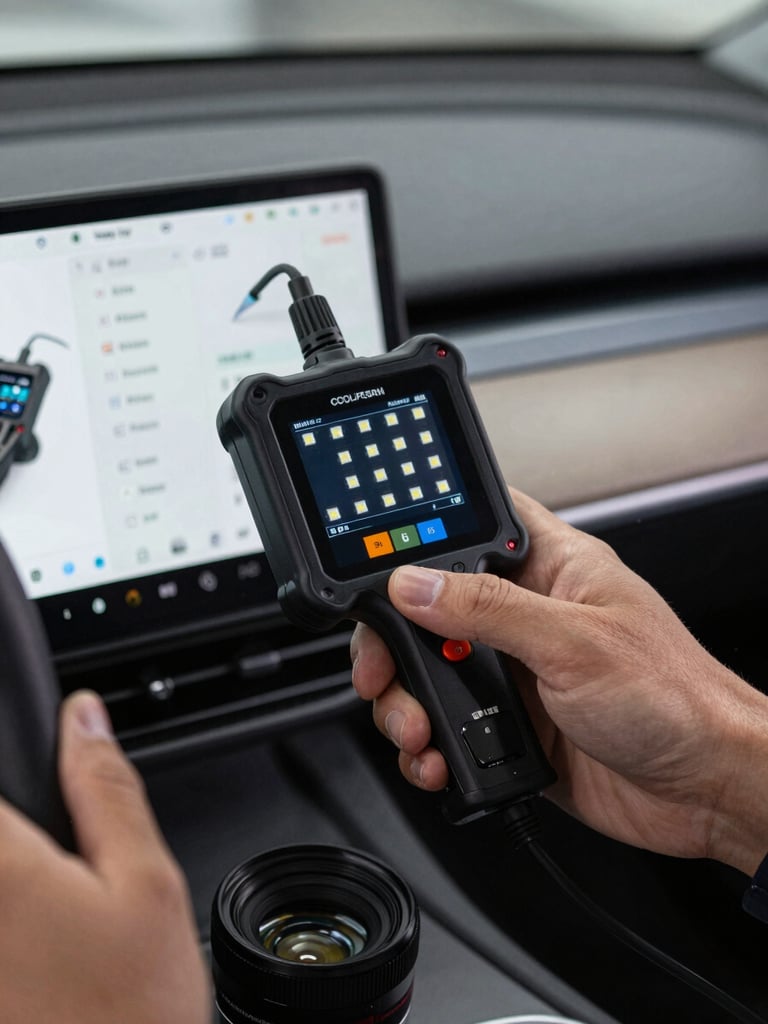 Cool LED workshop lighting, close-up of a digital diagnostic scanner plugged into a modern car dashboard, technical screen interface visible