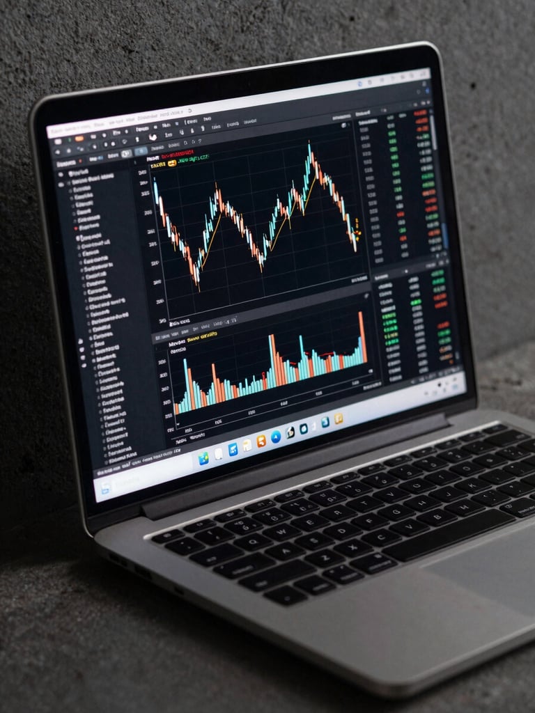 Close-up of a high-end dark metallic laptop screen displaying clean financial charts and code, dramatic side lighting, dark concrete background