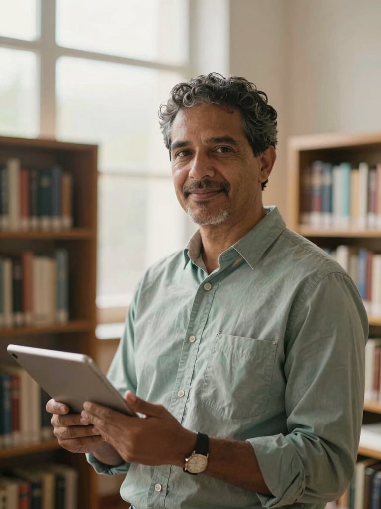 Editorial portrait of Dr. Ciananga in a warm, sunlit research library, holding a tablet, soft daylight, shallow depth of field, 35mm