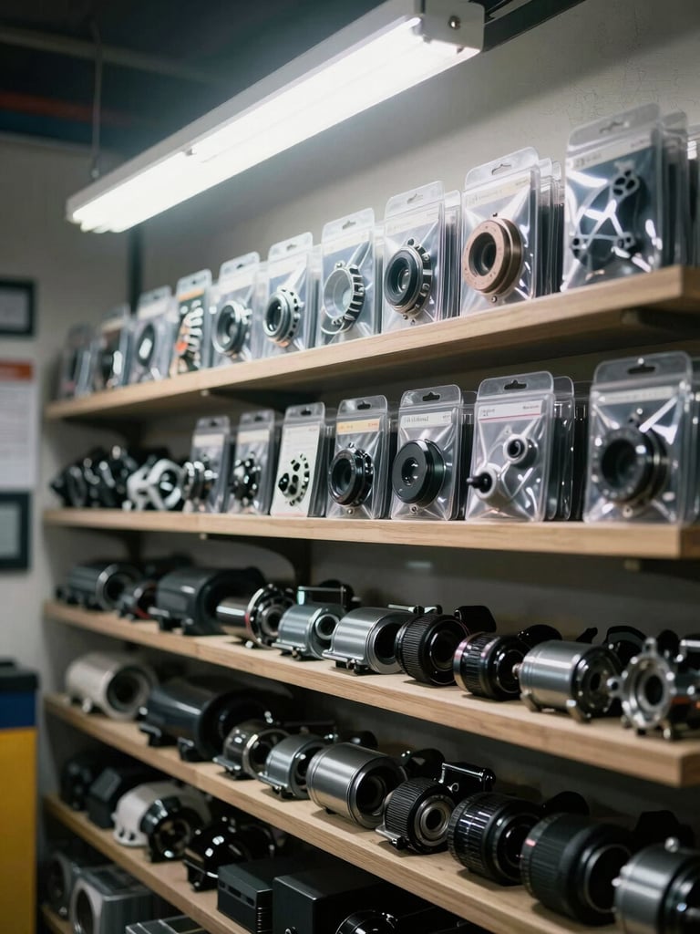 Close-up of neatly organized car parts shelves inside a workshop, bright overhead fluorescent light, rows of packaged accessories and body parts clearly visible, practical storage in a small-town auto shop