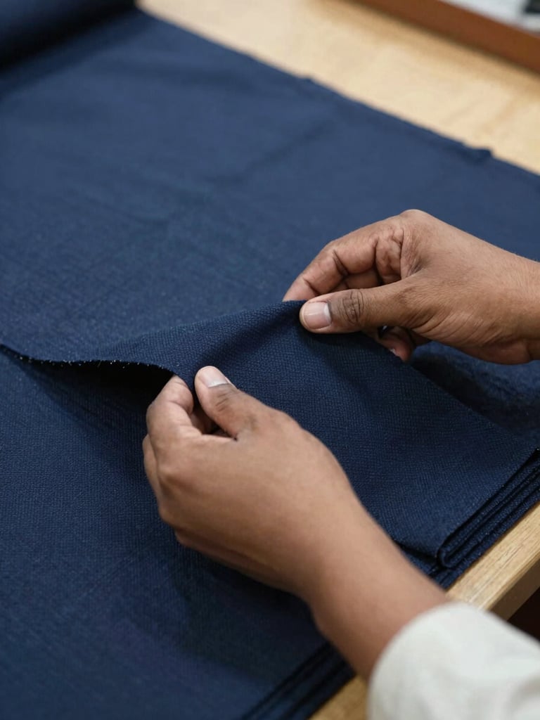 Tight macro shot of hands inspecting raw textile materials in a well-lit Indian facility, natural daylight, sharp focus on texture