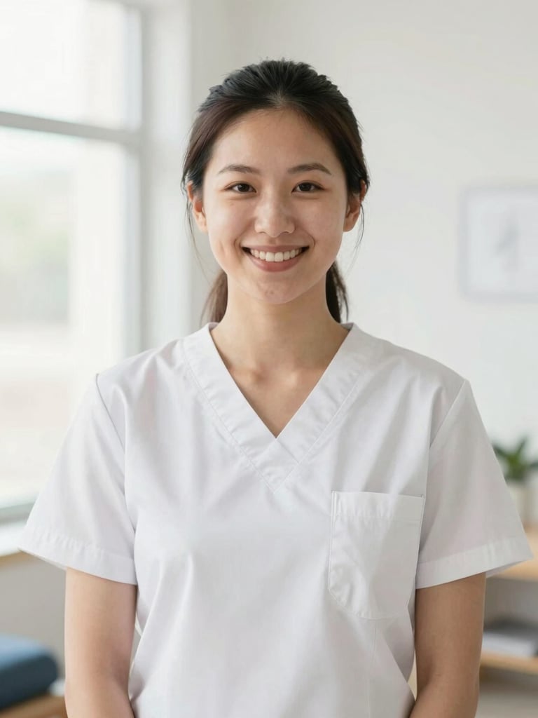 Professional portrait of a friendly, confident physical therapist in a clean, clinical setting, bright natural light, shallow depth of field.