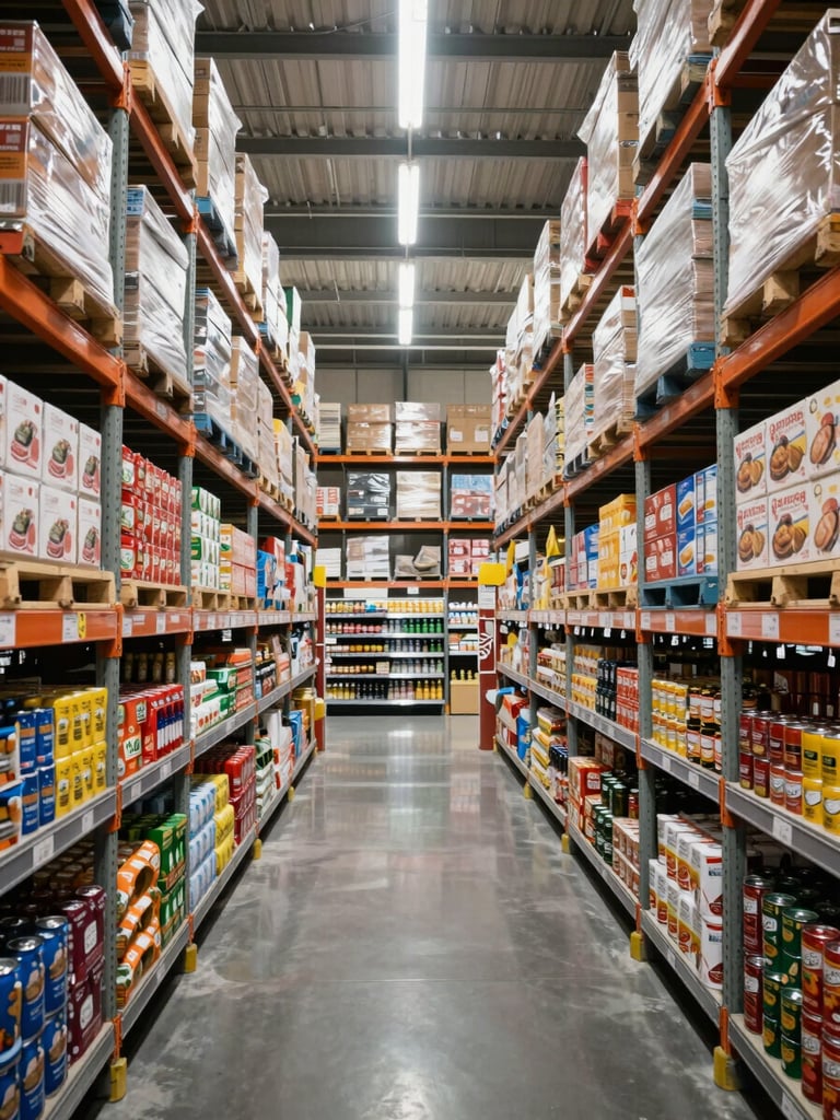 Wide environmental shot from inside a large Philippine grocery warehouse — tall metal shelving units packed floor-to-ceiling with uniform cartons of branded packaged goods, beverage cases, and canned goods, under bright fluorescent warehouse lighting; deep aisle perspective emphasizing scale and order, no people visible