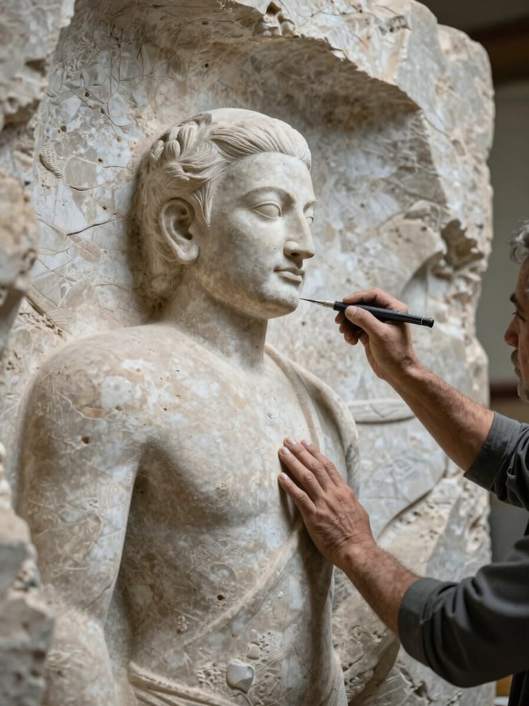 Master sculptor Rustum Adams carving a massive limestone relief, focused expression, raking light highlighting the deep physical textures of the wall.