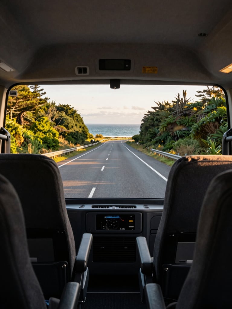 Wide passenger-seat view through a van windshield approaching a coastal highway entrance at golden hour, BA-099 road stretching ahead, green Atlantic forest flanking both sides, warm afternoon light flooding the cabin