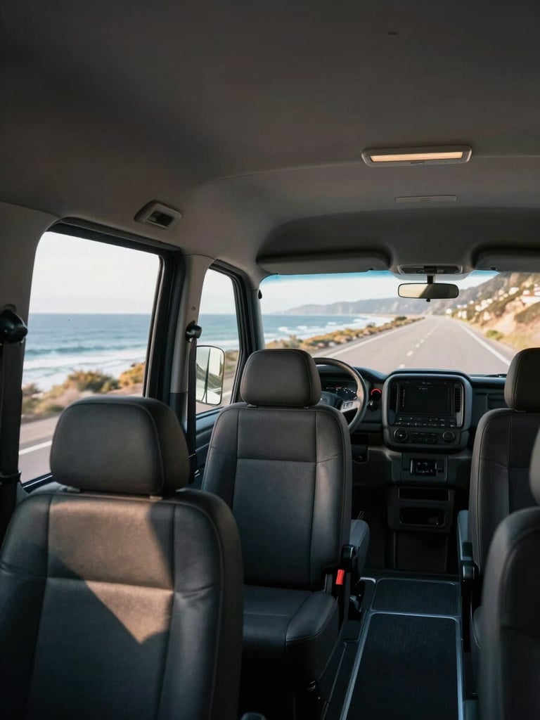 Interior of a clean modern van seen from the passenger perspective, rows of dark seats, window light streaming in from the left side, coastal road visible through the front windshield, natural daylight, no passengers